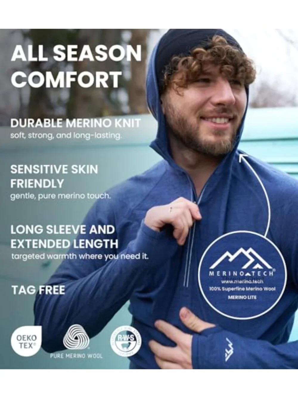 Men's Merino Wool Half Zip Hoodie with Socks Slim Fit Base Layer Active Thermal